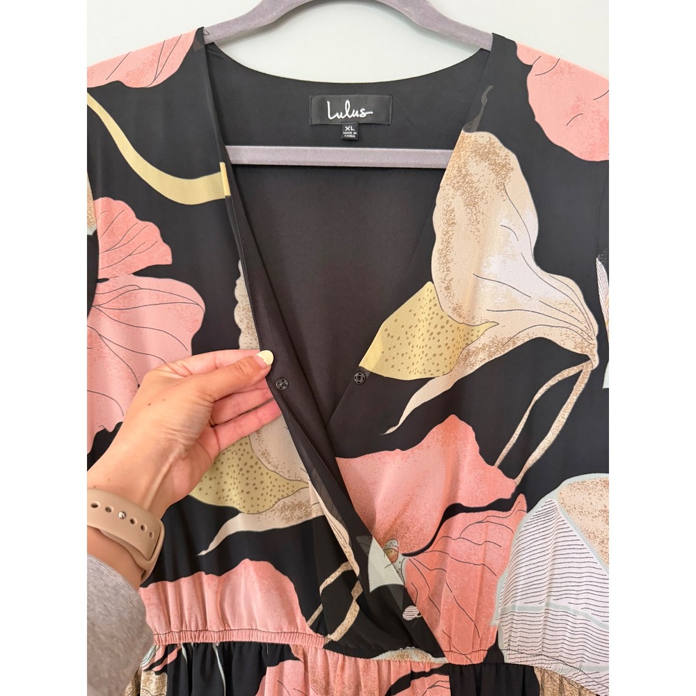 Lulus‎ Wondrous Water Lilies Black Floral Long Sleeve Midi/Maxi Dress XL NWT - Picture 10 of 11